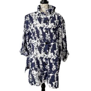 Ming Wang Tunic Button-Up Navy White Abstract Stand-Up Collar Womens Size 2X NEW
